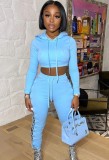 Autumn Casaul Blue Hollow Out Hoodies Top and Side Bandage Pant Set