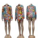 Summer Retro Floral Knotted Long Sleeve Shirt and Matching Shorts Set