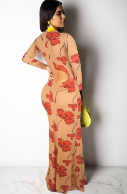 Autumn Casaul Flower Print Long Sleeve Maxi Dress