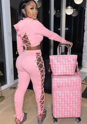 Autumn Casaul Pink Hollow Out Hoodies Top and Side Bandage Pant Set