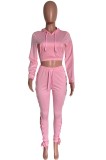 Autumn Casaul Pink Hollow Out Hoodies Top and Side Bandage Pant Set
