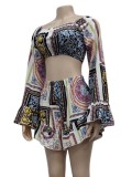 Summer Sexy Retro Floral Printed Ruffled Off Shoulder Long Sleeve Crop Top and Matching Shorts Set