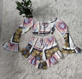 Summer Sexy Retro Floral Printed Ruffled Off Shoulder Long Sleeve Crop Top and Matching Shorts Set