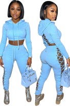 Autumn Casaul Blue Hollow Out Hoodies Top and Side Bandage Pant Set