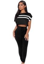 Summer Casual Black Stripe Cap Sleeve Crop Top and Matching Pants Set