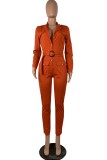 Autumn Professionable Button Up Orange Long Sleeve Office Jumpsuit with Belt