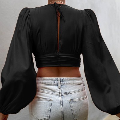 Autumn Casual Black Puff Sleeve V-Neck Crop Top