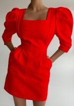 Summer Elegant Square Puff Sleeve Mini Dress Red