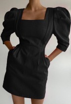 Summer Elegant Square Puff Sleeve Mini Dress Black