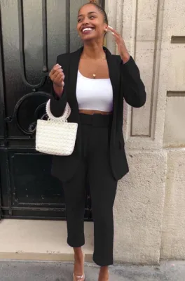 Autumn Professionable Black Long Blazer and Matching Pants 2 Piece Office Suit