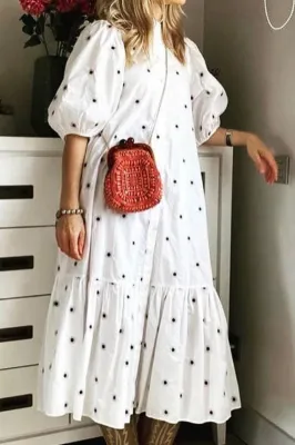 Autumn Casual Polka Puff Sleeve Long Dress