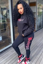 Autumn Print Black Casual Hooded Sweats and Pants 2 Piece Tracksuit