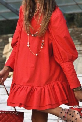 Autumn Casual Red Puff Sleeve Ruffles Short Loose Dress