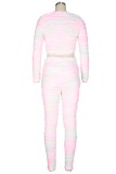 Autumn Tie Dye Pink Casual Ruched Crop Top and Pants 2 Piece Set