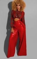 Autumn Red Leather High Waist Wide Legges Suspender Trousers with Belt