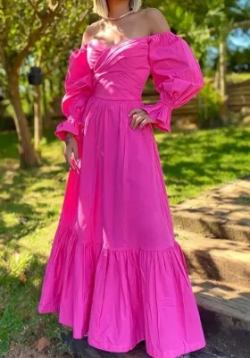 Autumn Formal Pink Sweetheart Puff Sleeve Long Maxi Dress