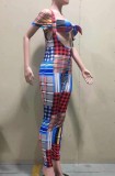 Summer Plaid Print Sexy Bandeau Top and Suspender Pants Set