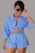 Autumn Casual Stripes Blouse and Shorts 2 Piece Set
