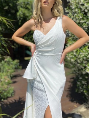 Summer Formal White Patch Sequin One Shoulder Evening Dress