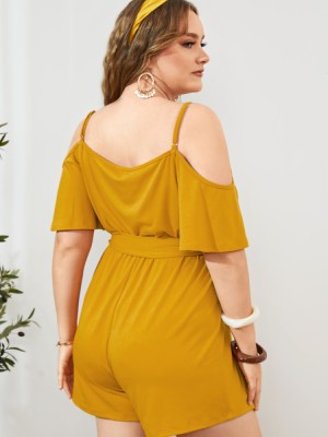 Summer Plus Size Yellow Casual Strap Rompers with Belt