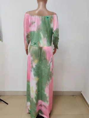 Autumn Plus Size Tie Dye Off Shoulder Long Maxi Dress