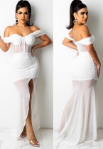 Summer White Patch Slit Sexy Evening Dress