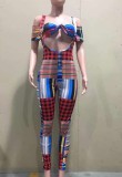 Summer Plaid Print Sexy Bandeau Top and Suspender Pants Set