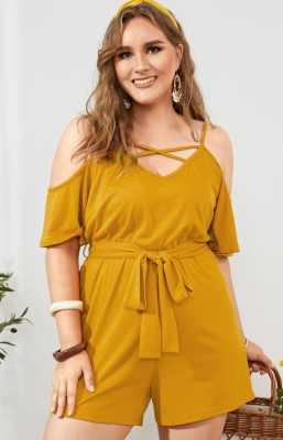 Summer Plus Size Yellow Casual Strap Rompers with Belt