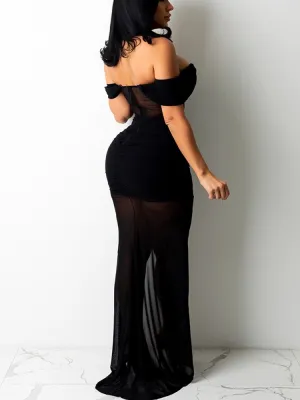 Summer Black Patch Slit Sexy Evening Dress