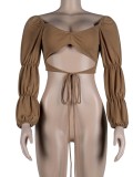 Summer Vintage Brown Puff Sleeve Cut Out Crop Top