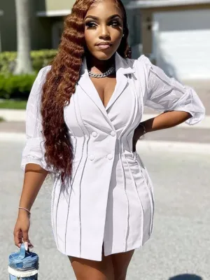 Autumn Casual White Blazer Dress with Mesh Sleeves