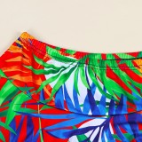 Summer Plus Size Print Strap Crop Top and Short Skirt Set