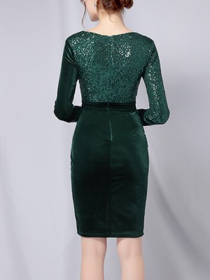 Autumn Formal Green Patch Sequin Wrap Cocktail Dress