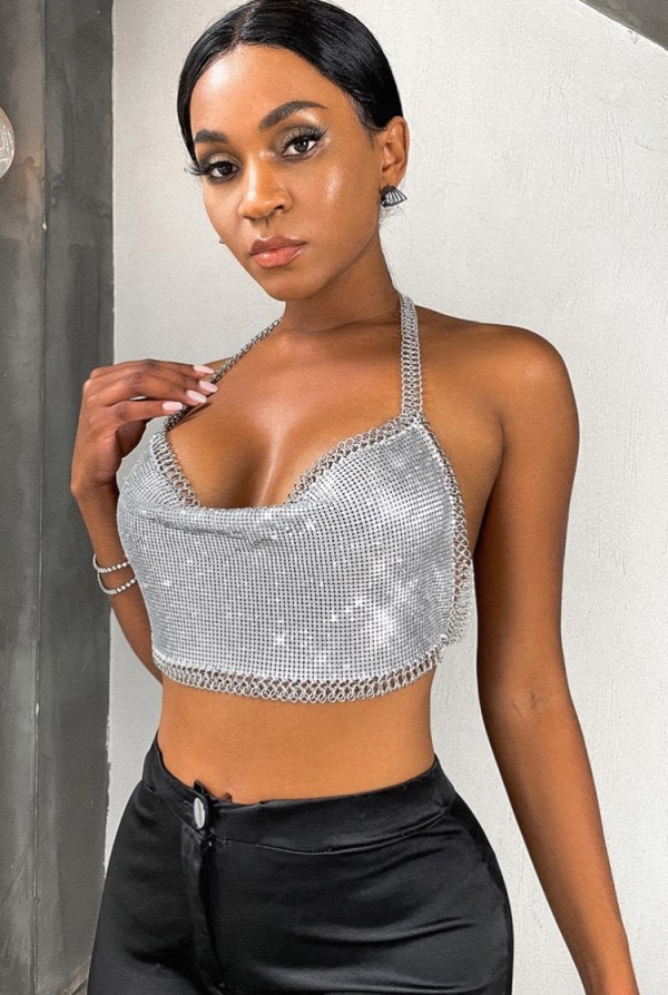 Summer Silver Sequin Halter Club Tops