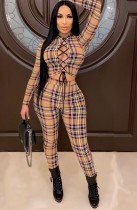 Autumn Sexy Fitted Lace-Up Plaid Crop Top and Pants Set