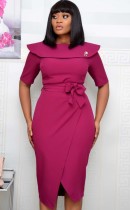 Autumn Office Professional Wrap Midi Dress with Belt Purple