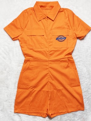 Summer Casual Zipper Up Short Sleeves Orange Cargo Rompers