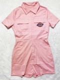 Summer Casual Zipper Up Short Sleeves Pink Cargo Rompers