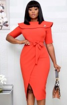 Autumn Office Professional Wrap Midi Dress with Belt Orange