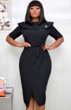 Autumn Office Professional Wrap Midi Dress with Belt Black