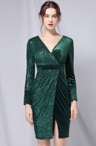 Autumn Formal Green Patch Sequin Wrap Cocktail Dress