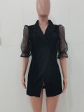 Autumn Casual Black Blazer Dress with Mesh Sleeves