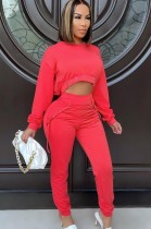 Autumn Casual Pink Crop Top and Lace-Up Pants Set