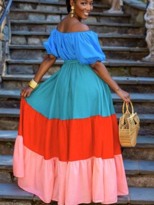 Summer Color Block Off Shoulder Formal Long Maxi Dress