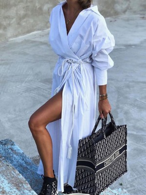 Autumn Casual White Long Blouse Dress with Belt