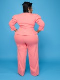 Autumn Plus Size Formal Pink Peplum Top and Pants Set