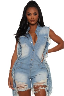 Summer Blue Button Up Sleeveless Ripped Tassel Denim Rompers