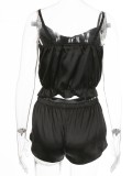 Summer Plus Size Black Satin Vest and Shorts 2 Piece Pajama Set