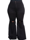 Autumn Plus Size Black High Waist Ripped Flare Jeans