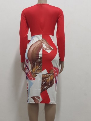 Autumn Professional Print Office Midi Dress with Belt